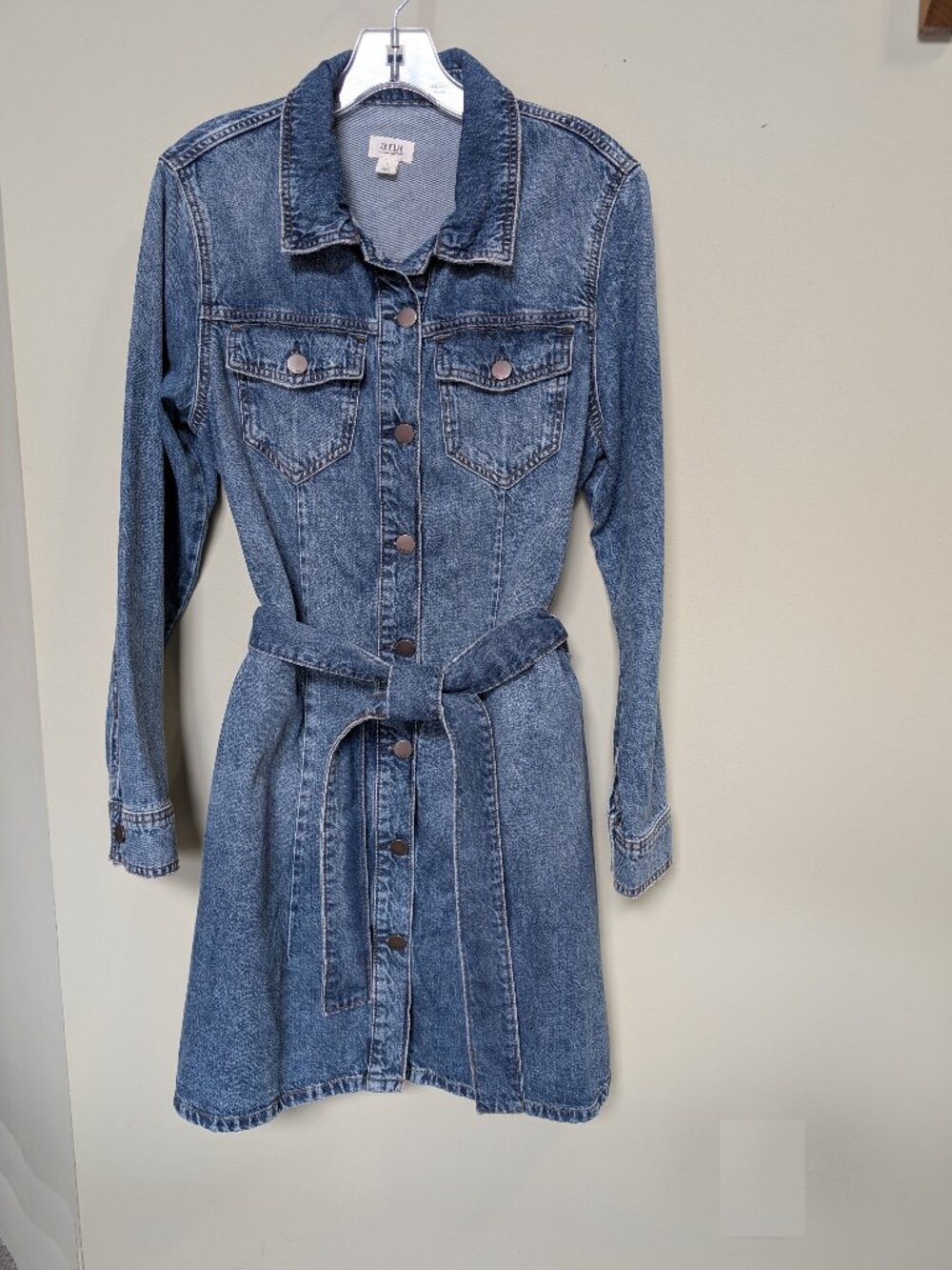 a.n.a Denim Dress Coat Jacket Belted Buttons Sz L